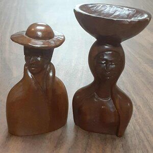 Vintage Hand-carved Wooden Decor Wood Busts Man and Woman Boho Rustic